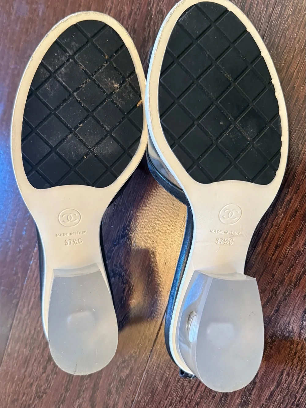CHANEL Black & Clear Logo Slide Mules